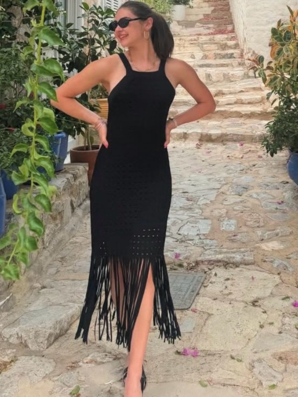 House of Harlow 1960 Black Crochet Fringe Midi Dress XS